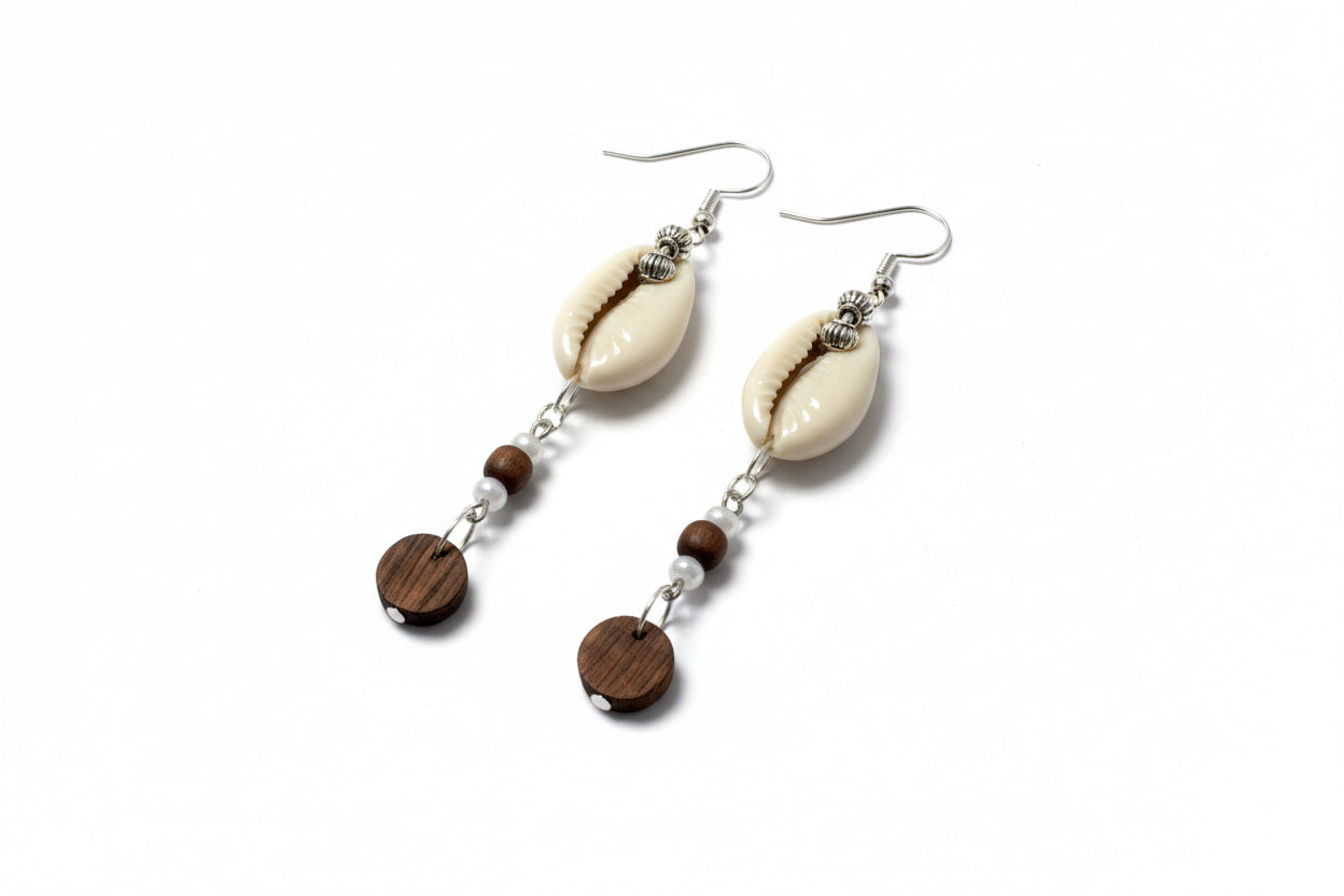 Cowrie Shell & Wood Earrings - White Pearl Seed Beads, 925 Sterling Silver - Abundance & Fertility