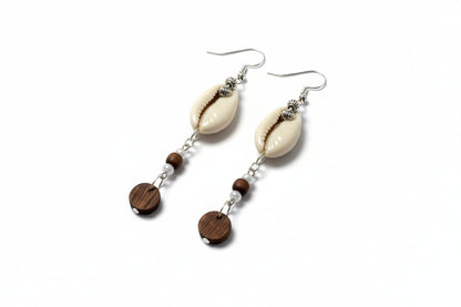Cowrie Shell & Wood Earrings - White Pearl Seed Beads, 925 Sterling Silver - Abundance & Fertility