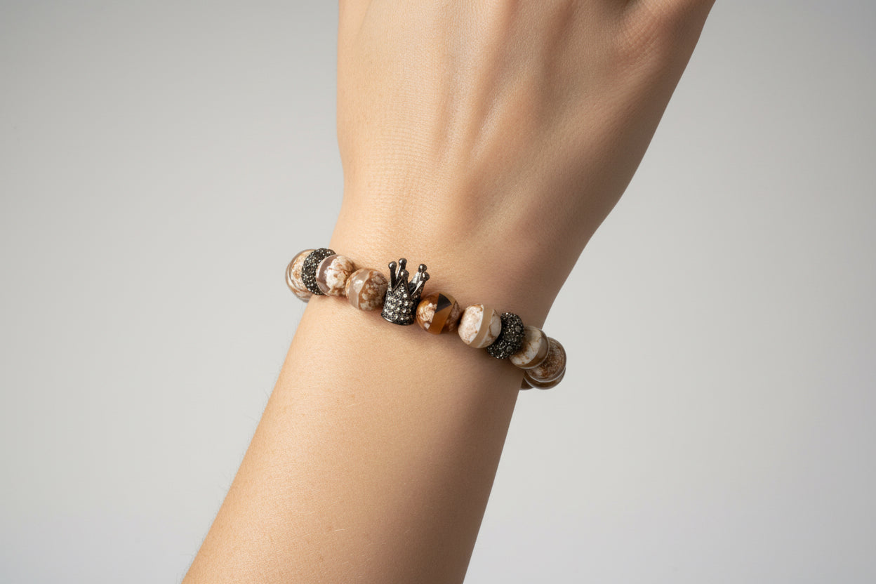 Lace Agate Crown Bracelet - 10mm Natural Stone - Rhinestone Crown Charm - 19cm