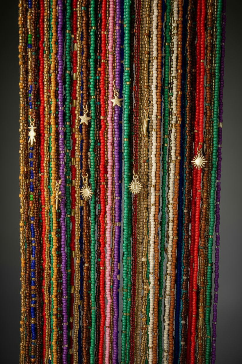 A close-up of multiple strands of small decorative waist beads hanging vertically, showing many different colors including red, green, purple, blue, gold, brown, and cream against a dark background