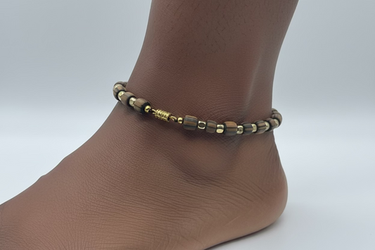 African Clay Bead Anklet - Gold Spacers, Barrel Clasp - 22cm - Earthy Elegance